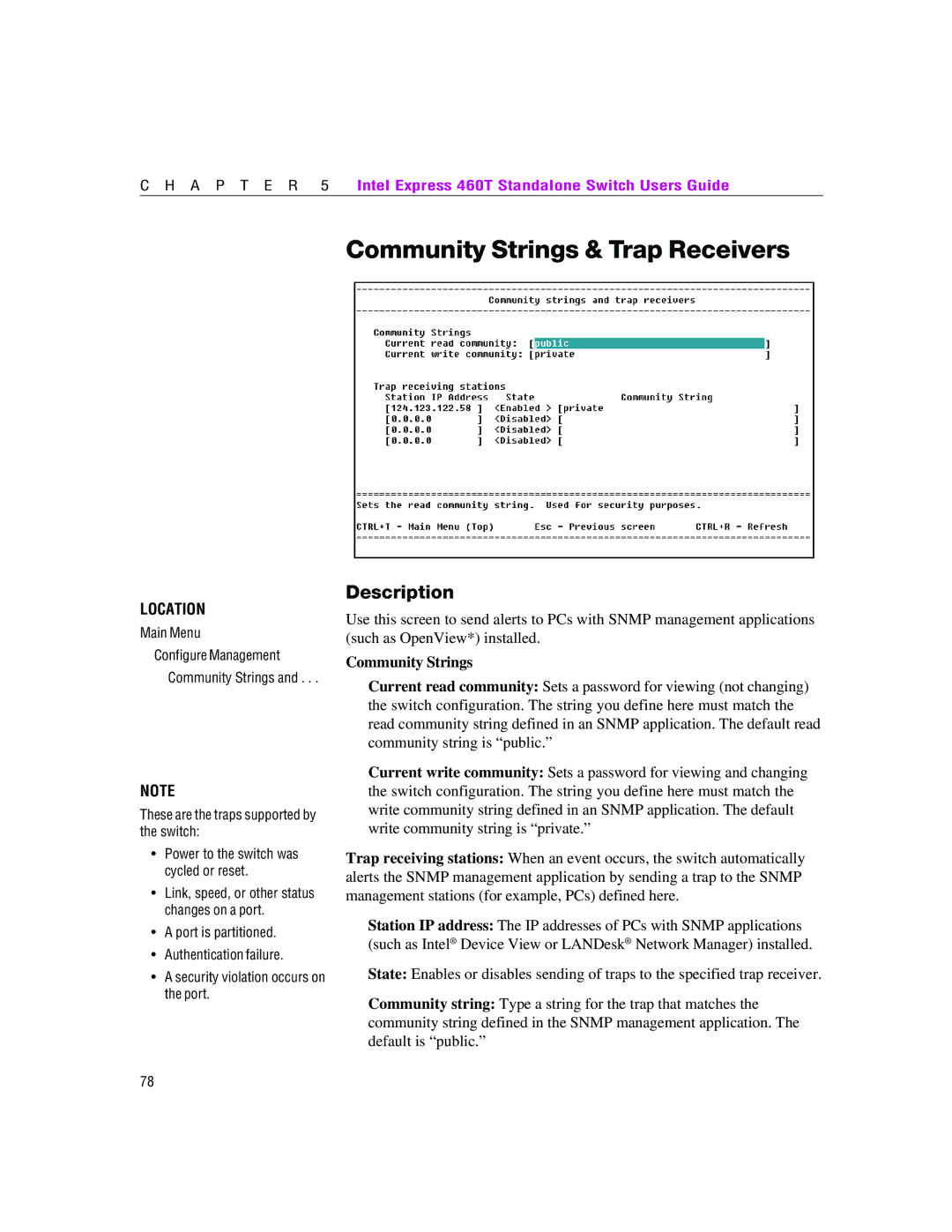 Intel 460T manual Community Strings & Trap Receivers 