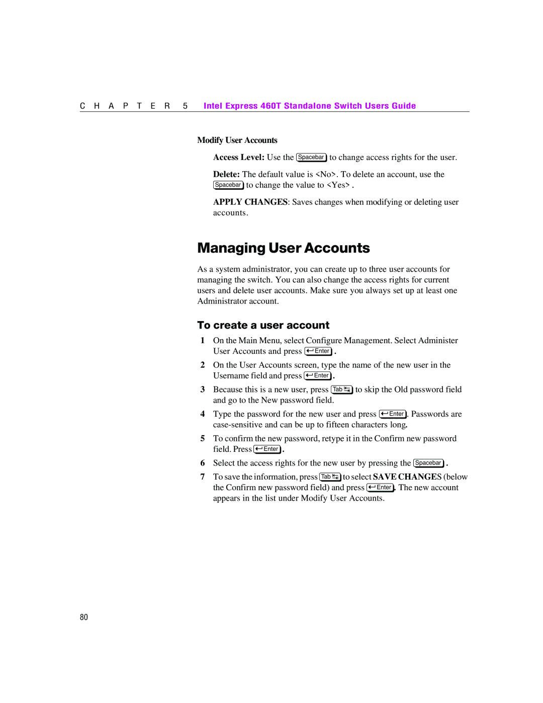 Intel 460T manual Modify User Accounts 