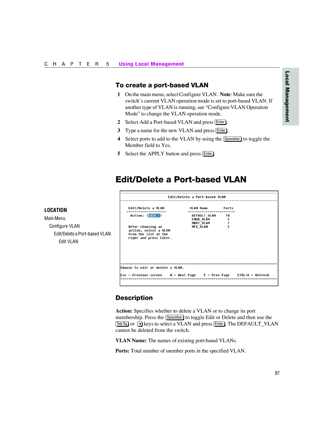 Intel 460T manual Edit/Delete a Port-based Vlan, To create a port-based Vlan 