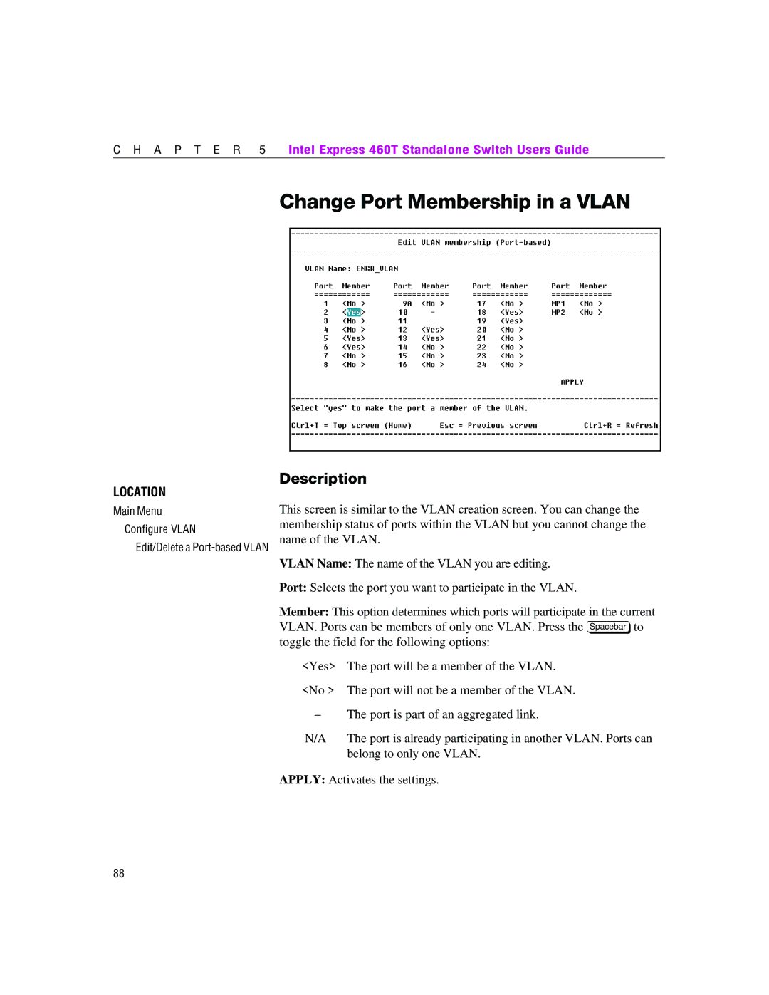 Intel 460T manual Change Port Membership in a Vlan 