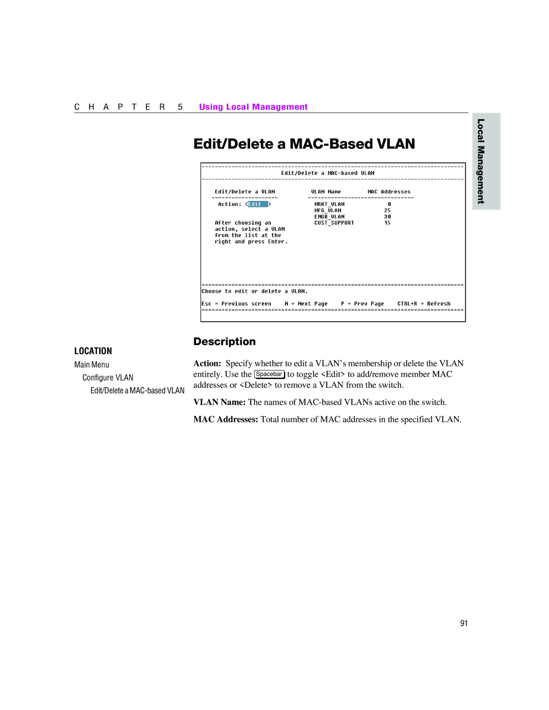 Intel 460T manual Edit/Delete a MAC-Based Vlan 