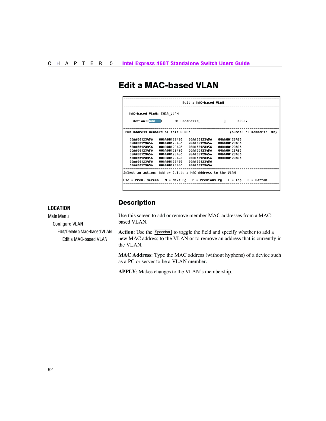 Intel 460T manual Edit a MAC-based Vlan 