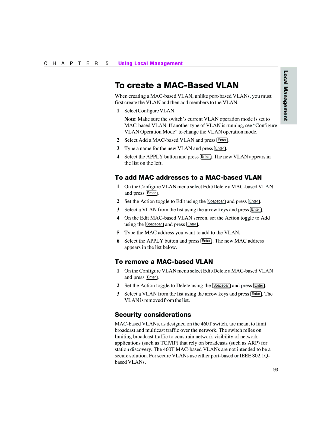 Intel 460T manual To create a MAC-Based Vlan, To add MAC addresses to a MAC-based Vlan, To remove a MAC-based Vlan 