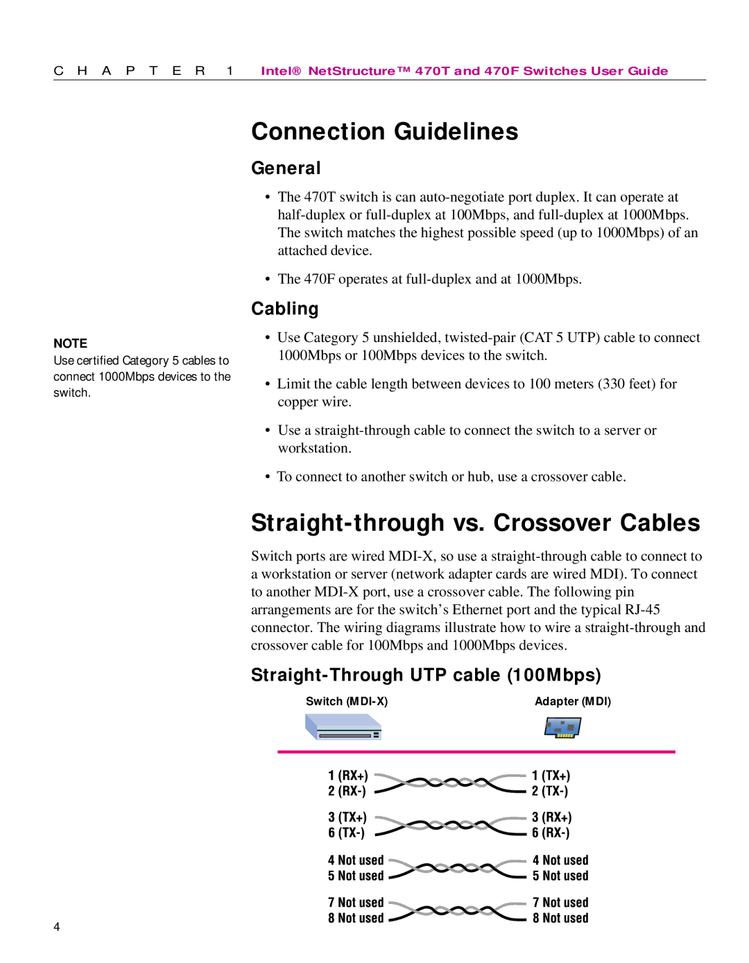 Intel 470 manual Connection Guidelines, Straight-through vs. Crossover Cables, General, Cabling 