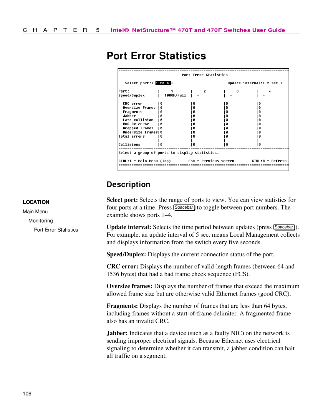 Intel 470 manual Port Error Statistics 