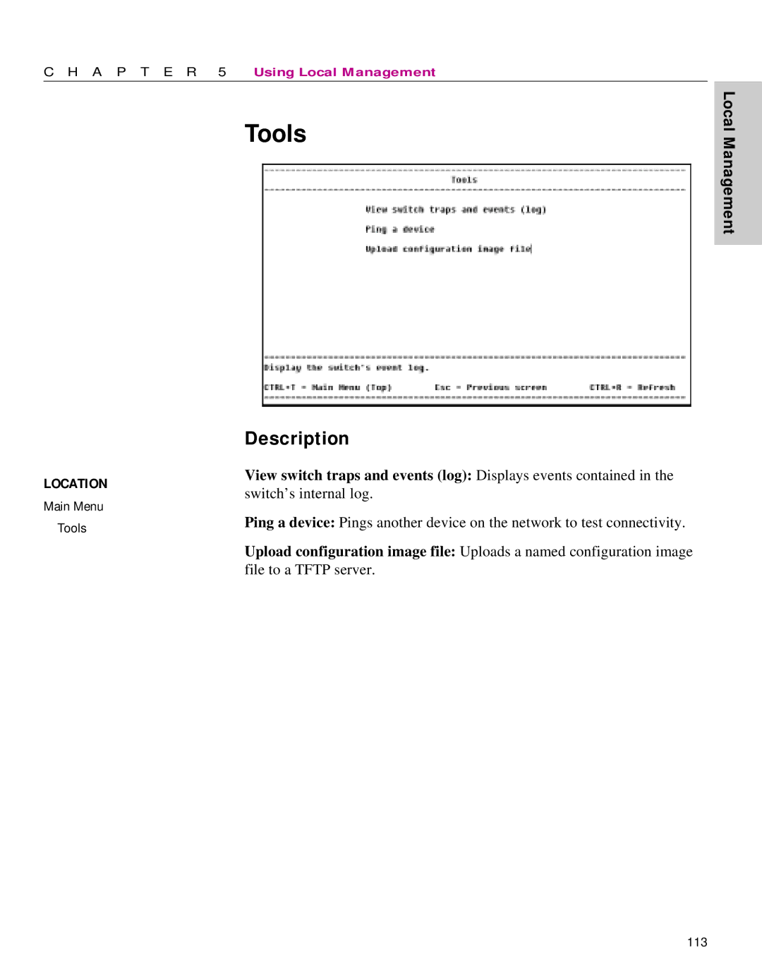 Intel 470 manual Tools, View switch traps and events log Displays events contained 