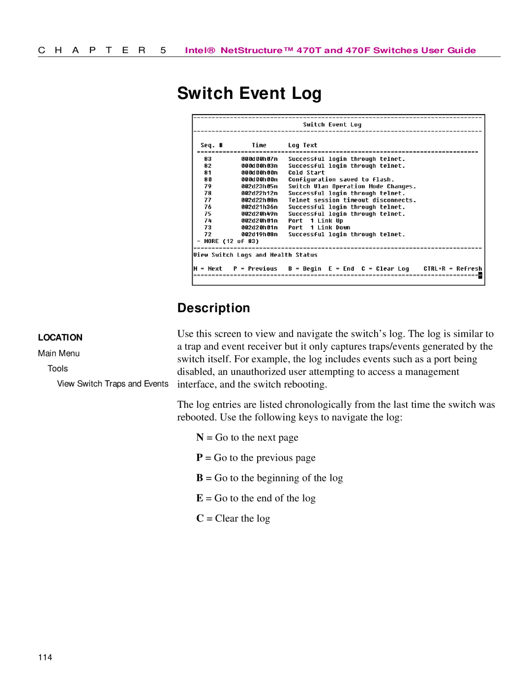 Intel 470 manual Switch Event Log 