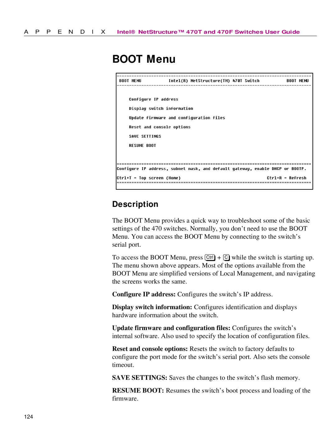 Intel 470 manual Boot Menu, Description 