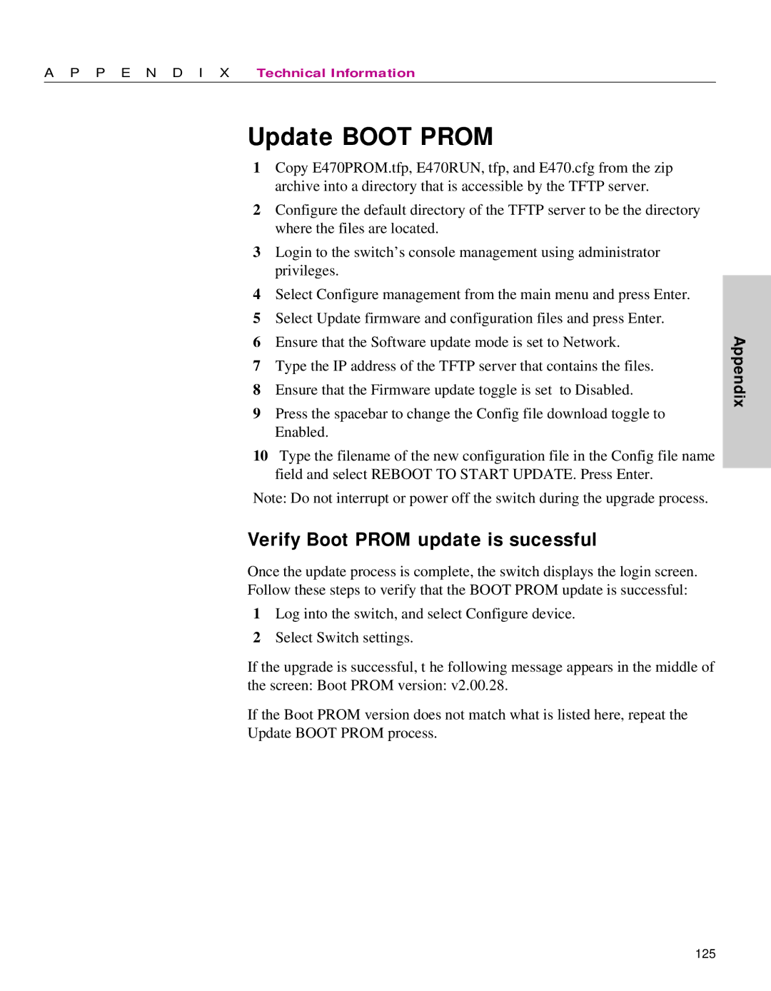 Intel 470 manual Update Boot Prom, Verify Boot Prom update is sucessful 