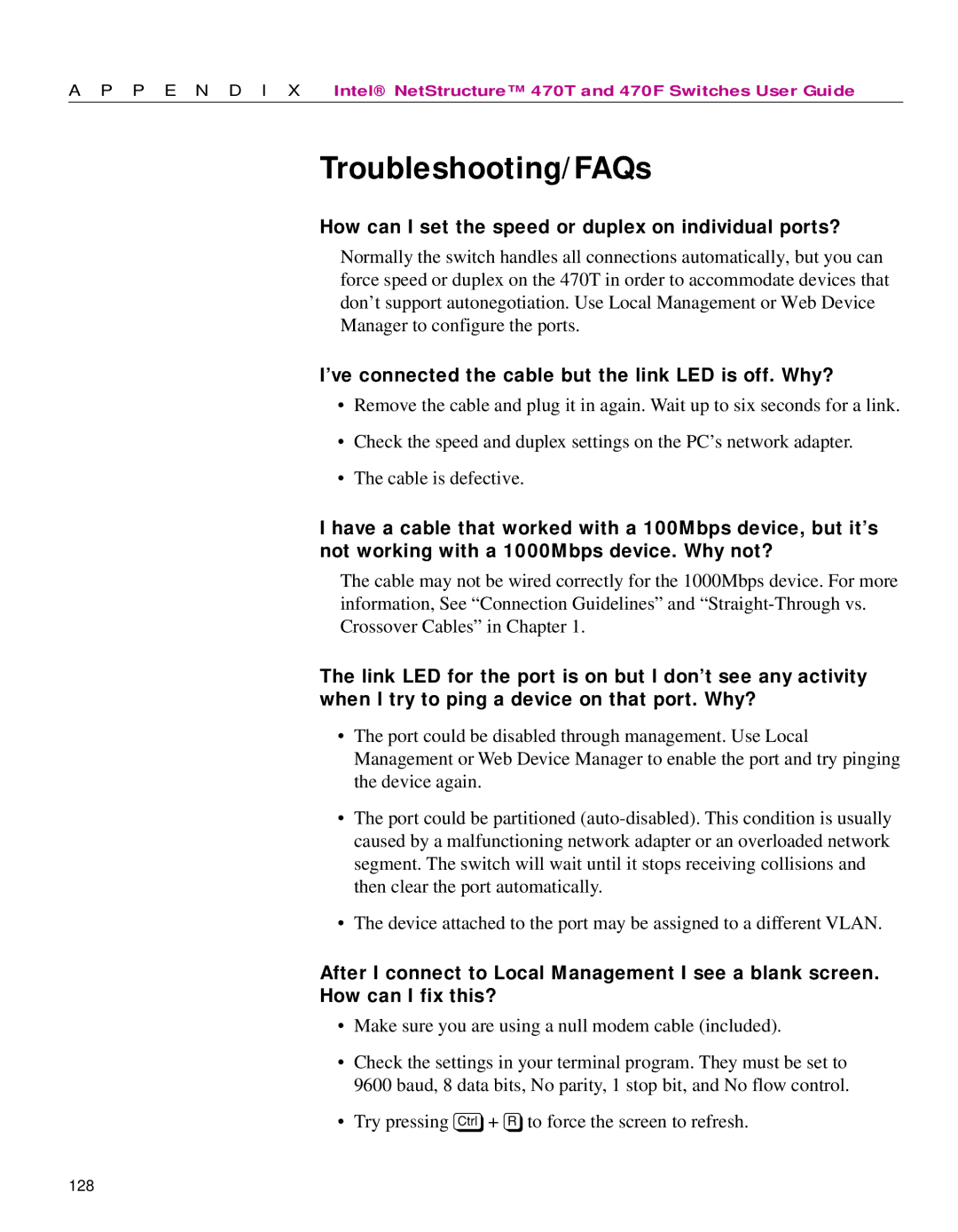 Intel 470 manual Troubleshooting/FAQs, How can I set the speed or duplex on individual ports? 