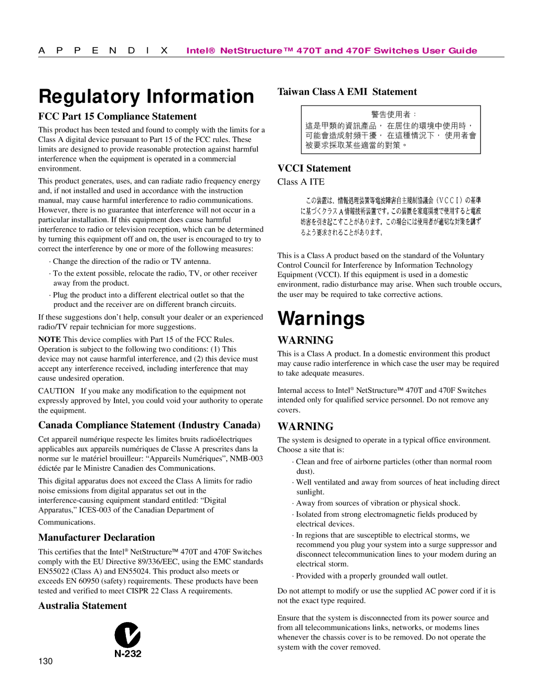 Intel 470 manual Regulatory Information 