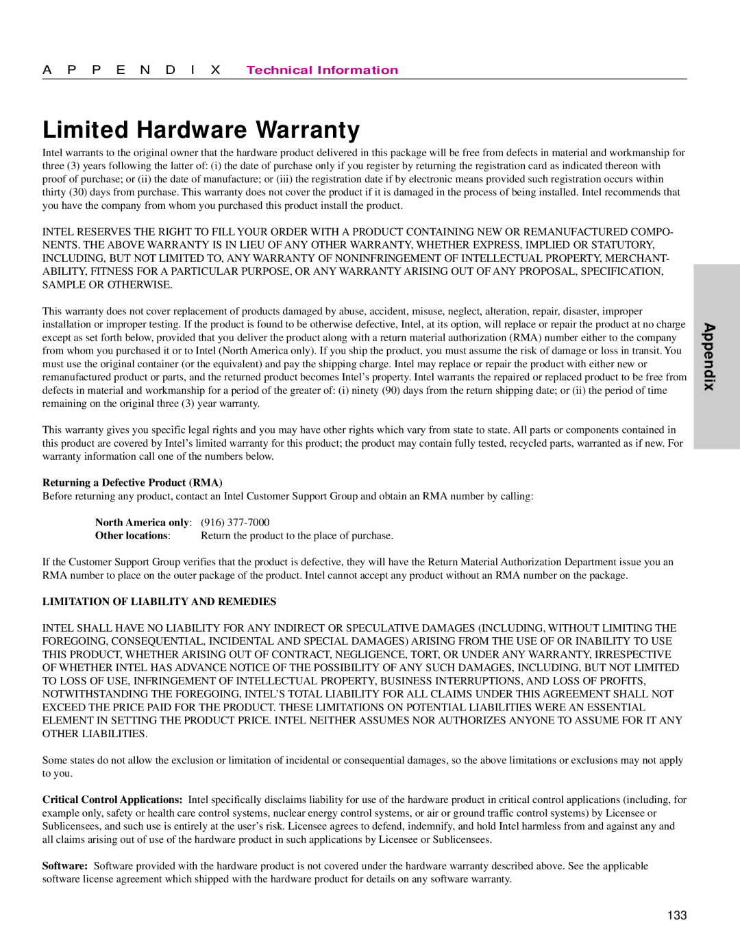 Intel 470 manual Limited Hardware Warranty, Returning a Defective Product RMA 