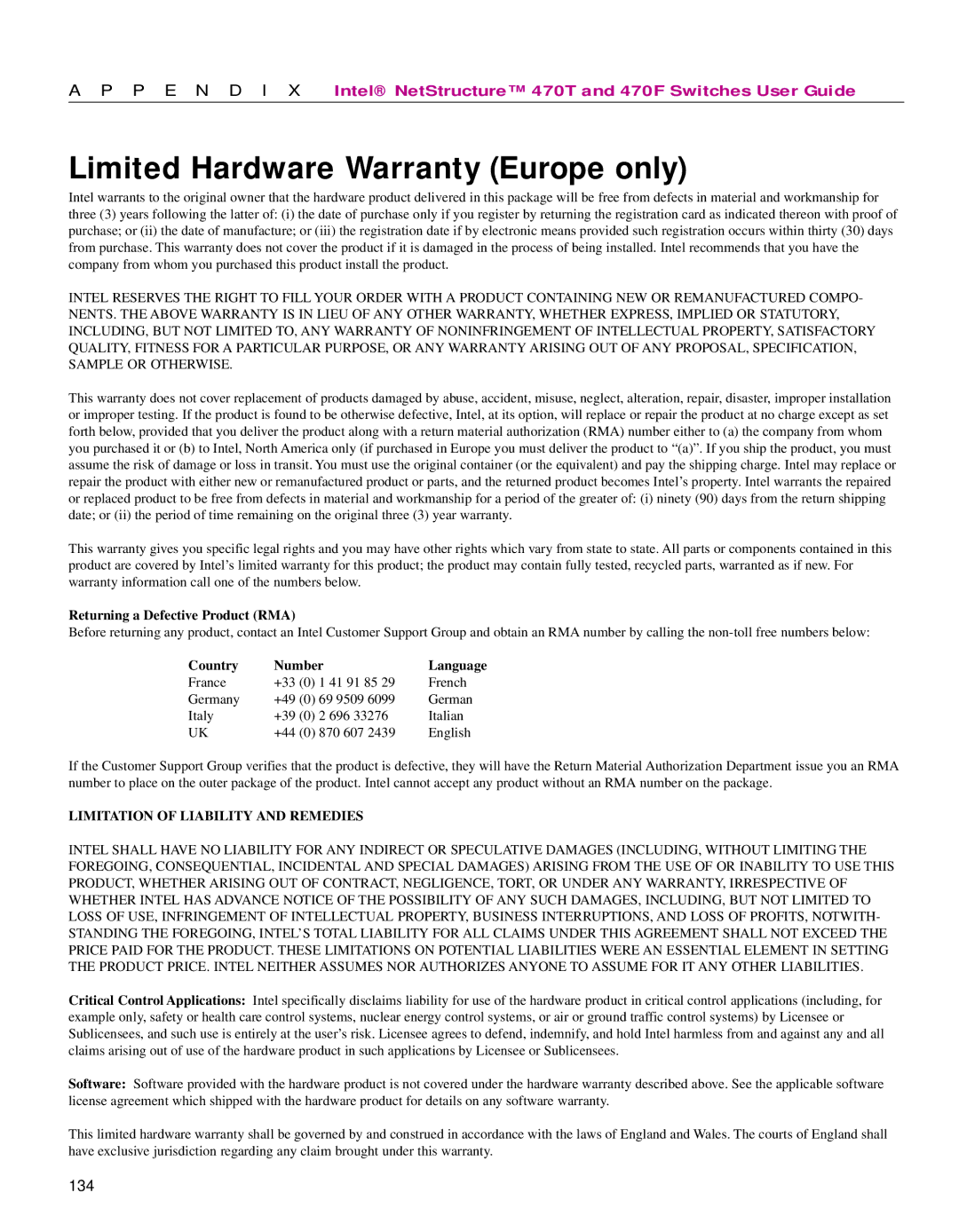 Intel 470 manual Limited Hardware Warranty Europe only, Country Number 