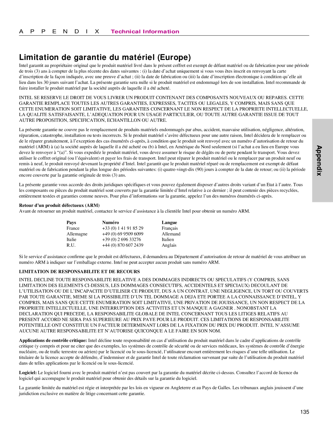 Intel 470 manual Limitation de garantie du matériel Europe, Retour d’un produit défectueux ARM 