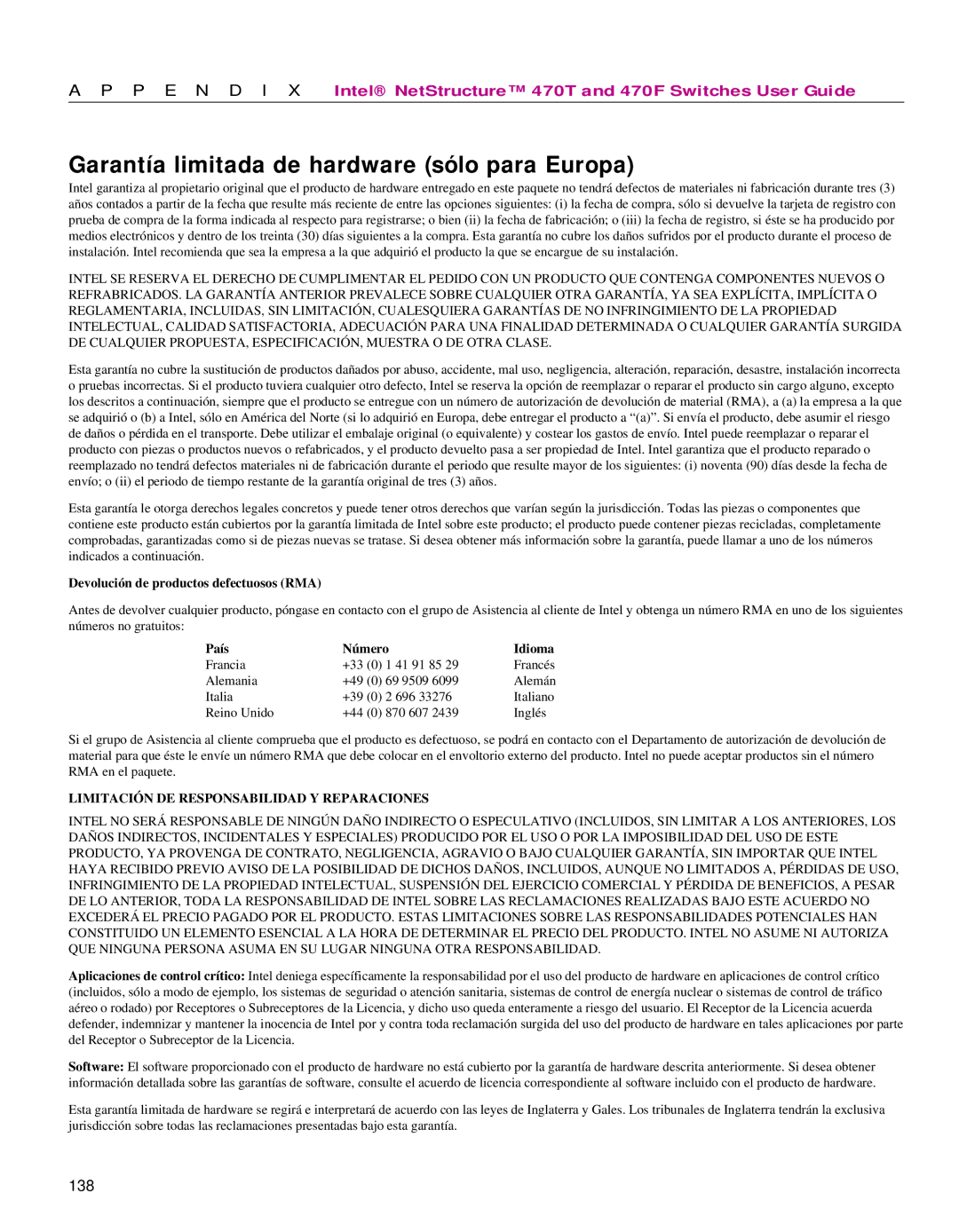 Intel 470 manual Garantía limitada de hardware sólo para Europa, Devolució n de productos defectuosos RMA 