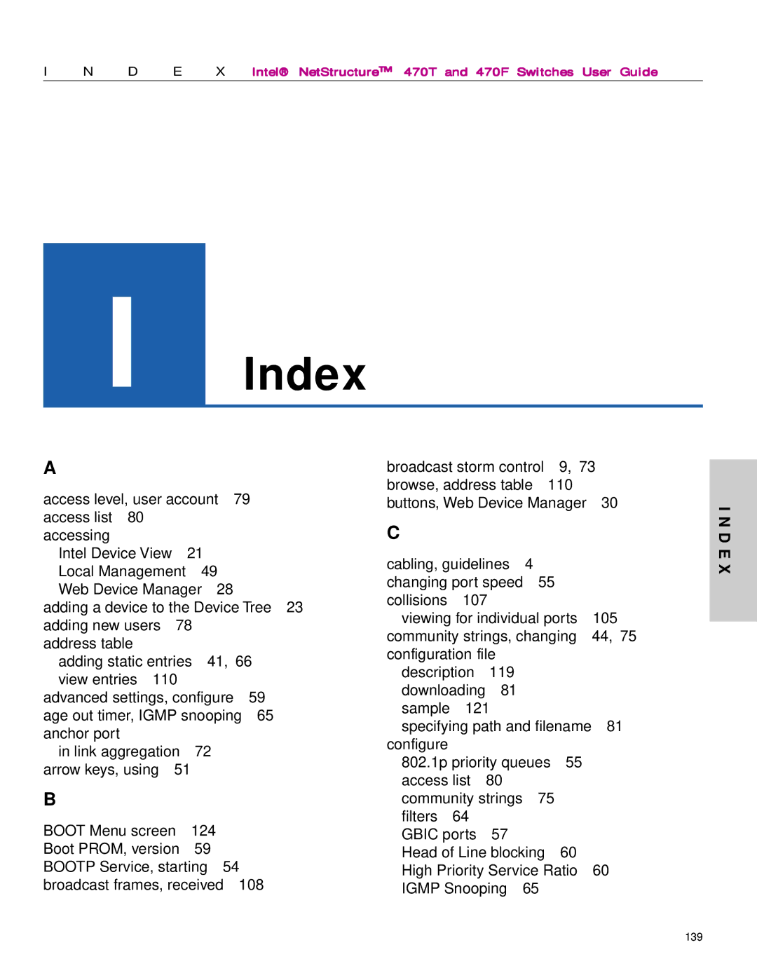 Intel 470 manual Index 