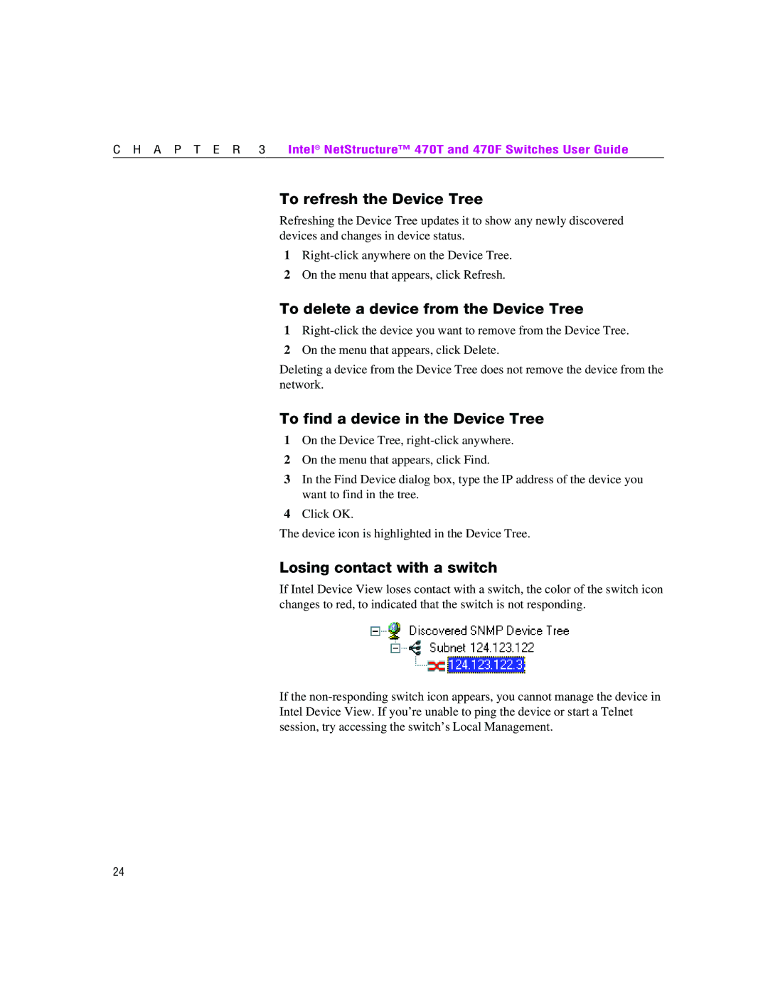 Intel 470 manual To refresh the Device Tree, To delete a device from the Device Tree, To find a device in the Device Tree 