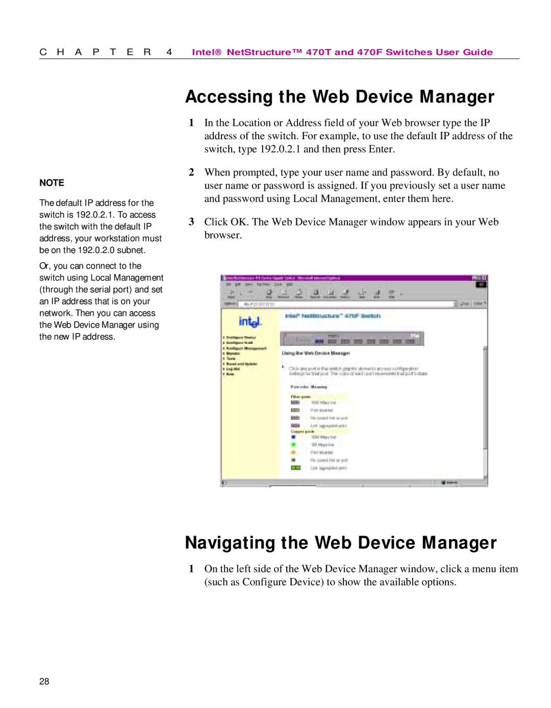 Intel 470 manual Accessing the Web Device Manager, Navigating the Web Device Manager 