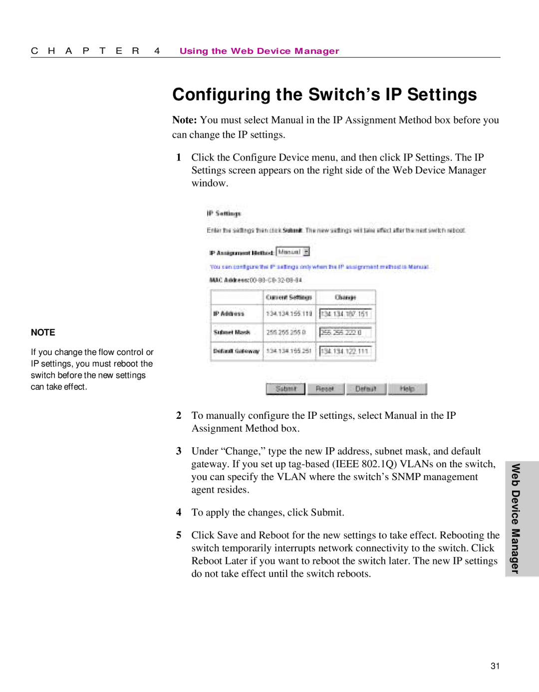 Intel 470 manual Configuring the Switch’s IP Settings, Web Device Manager 