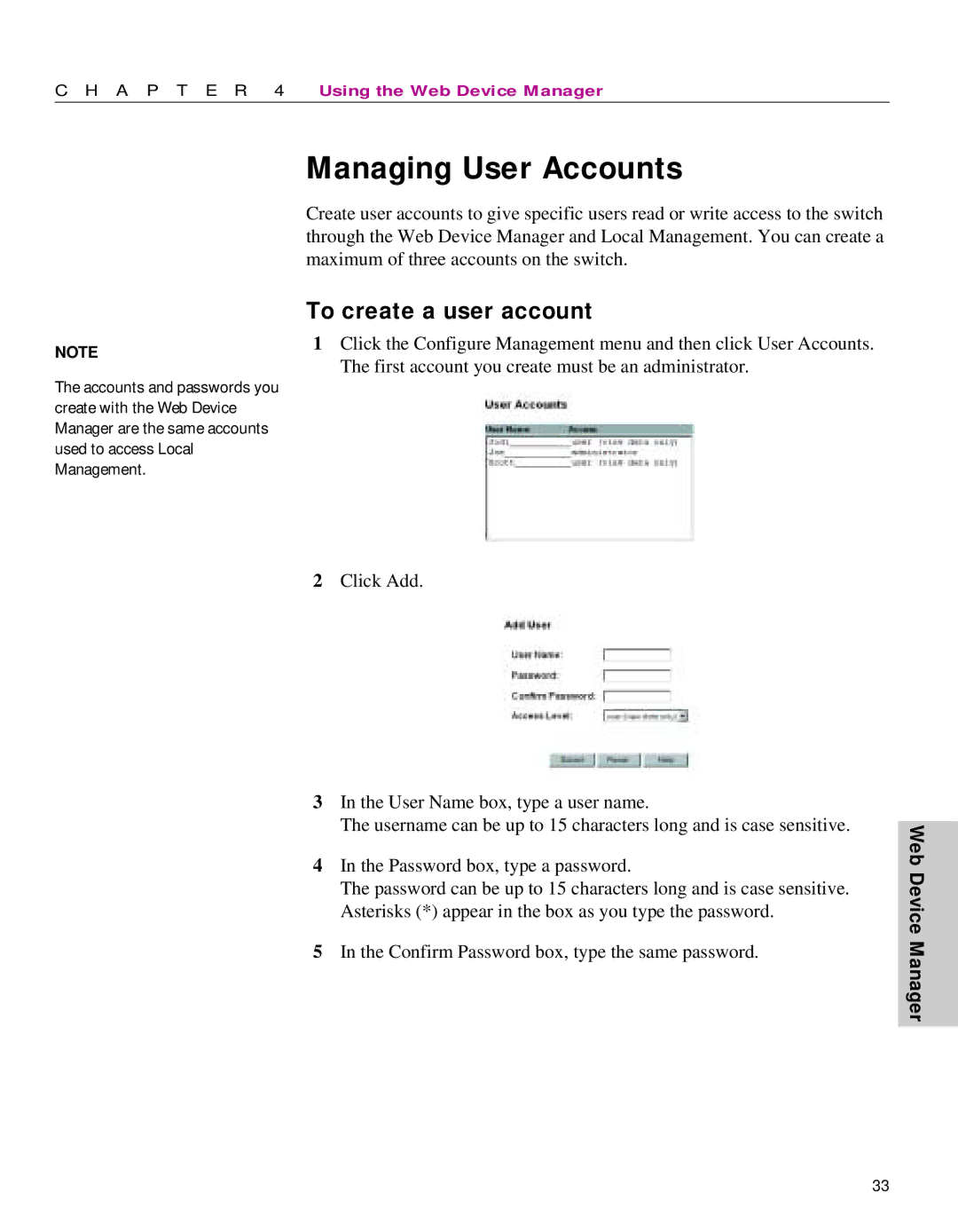 Intel 470 manual Managing User Accounts, To create a user account 