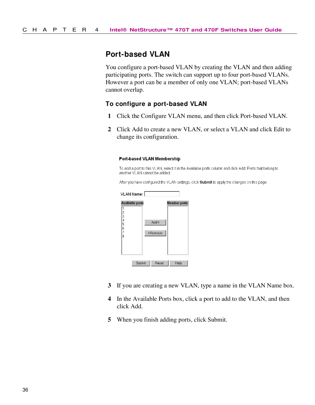 Intel 470 manual Port-based Vlan, To configure a port-based Vlan 