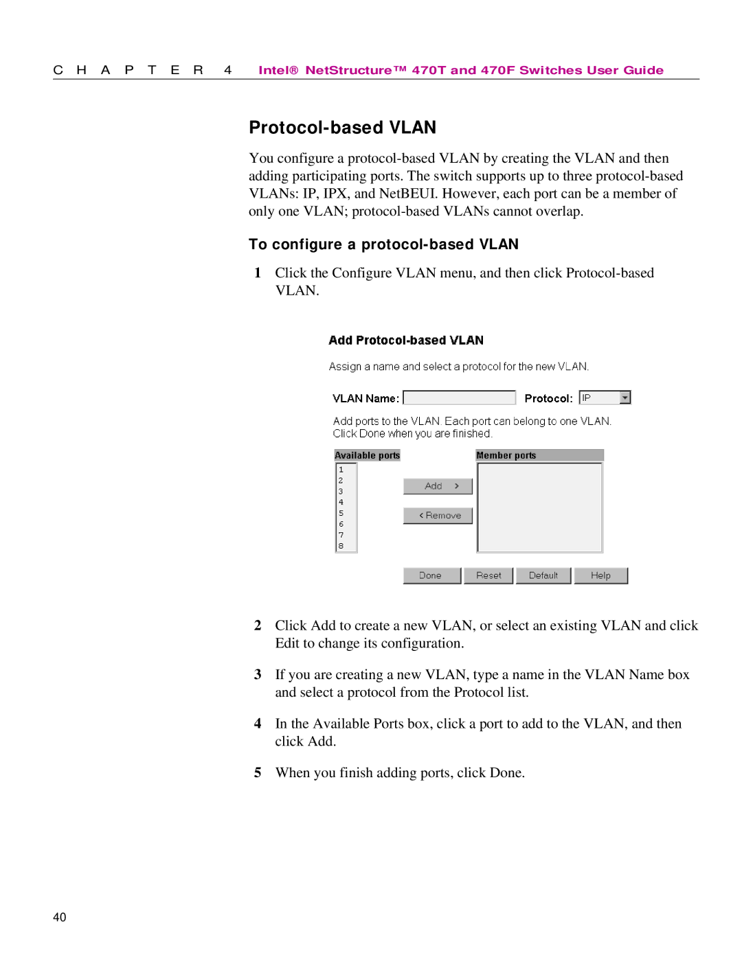 Intel 470 manual Protocol-based Vlan, To configure a protocol-based Vlan 