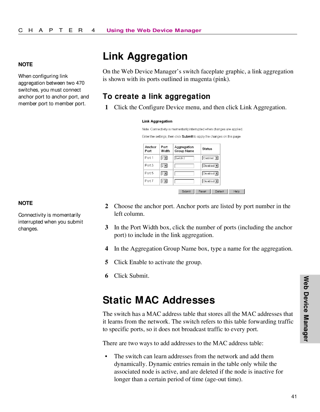 Intel 470 manual Static MAC Addresses, To create a link aggregation 