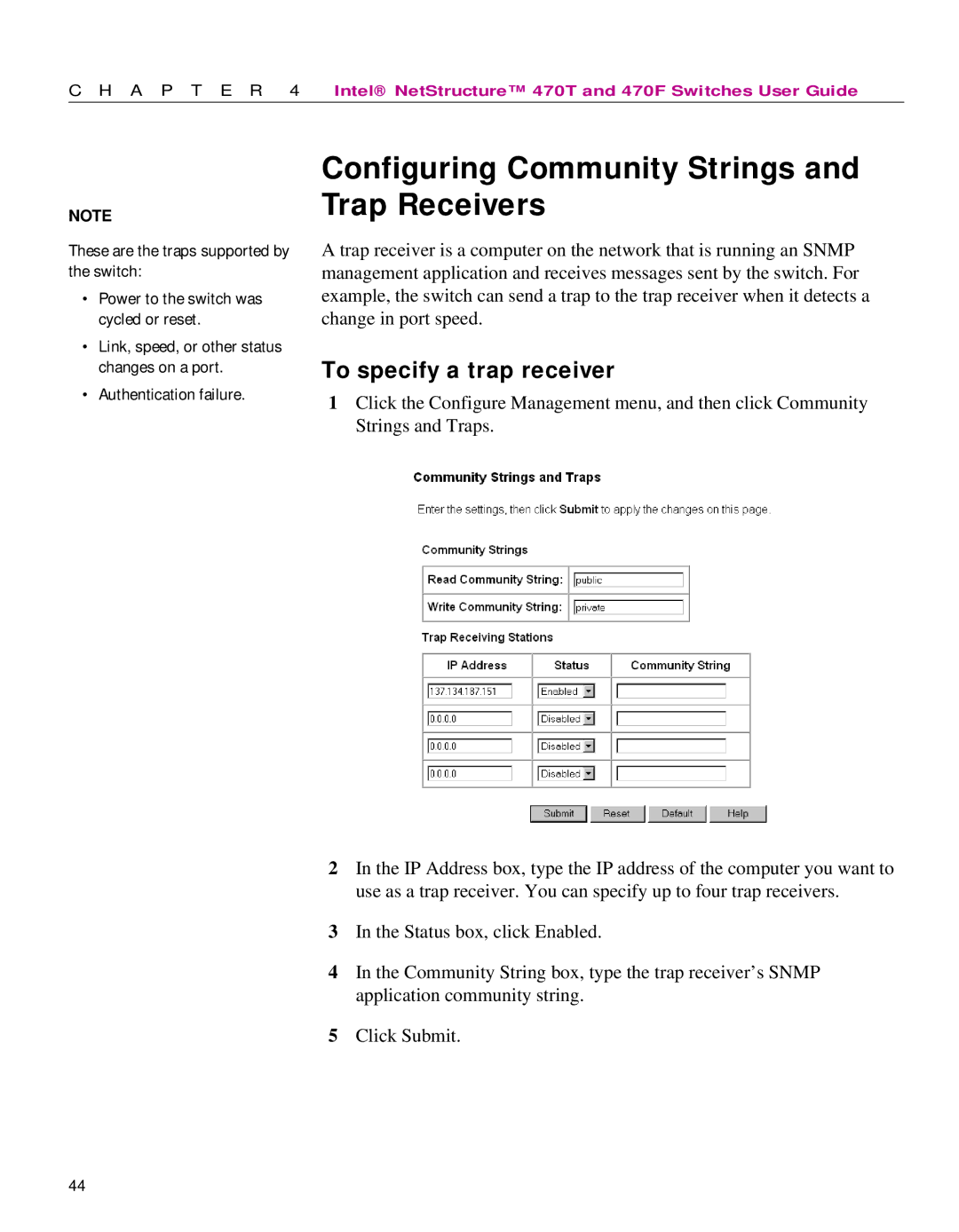 Intel 470 manual Configuring Community Strings and Trap Receivers, To specify a trap receiver 