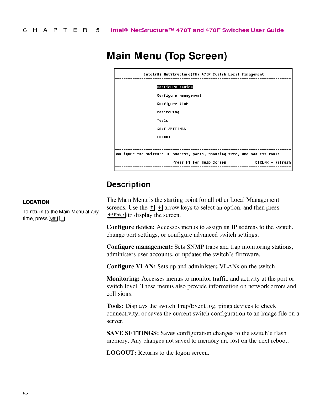 Intel 470 manual Main Menu Top Screen 