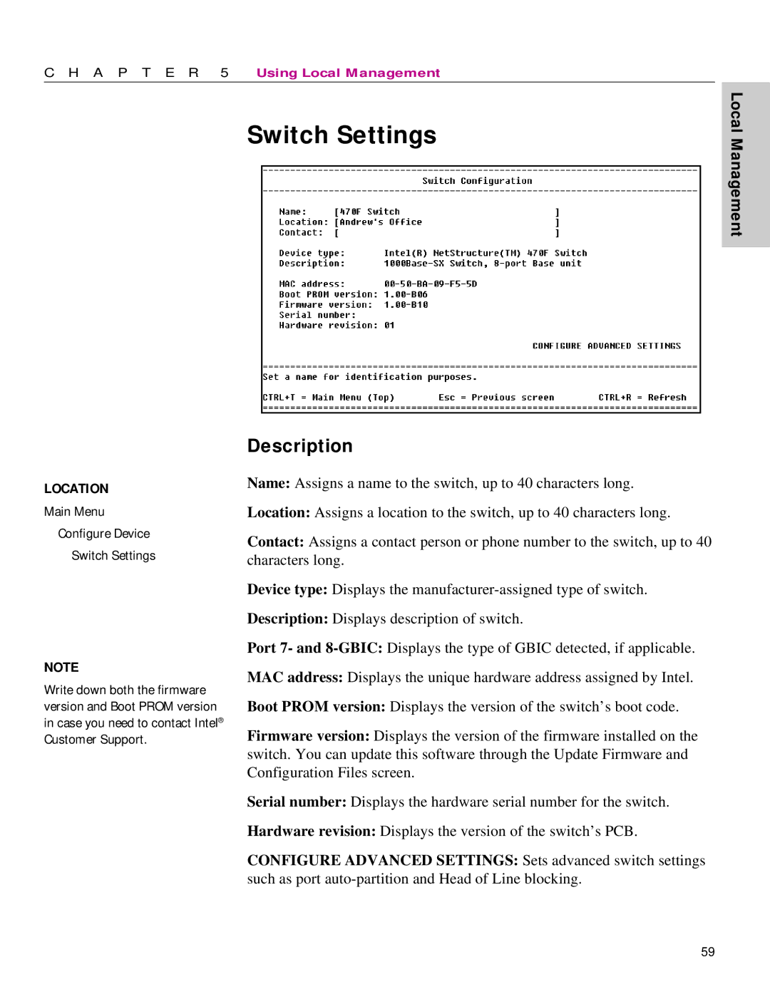 Intel 470 manual Main Menu Configure Device Switch Settings 