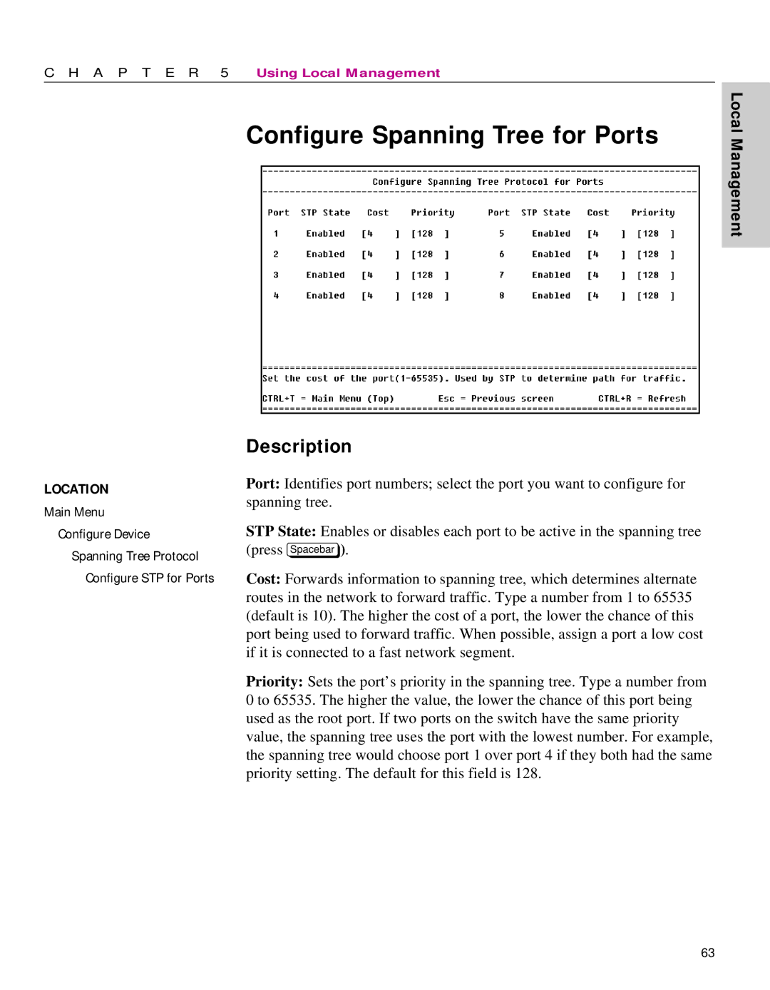 Intel 470 manual Configure Spanning Tree for Ports 