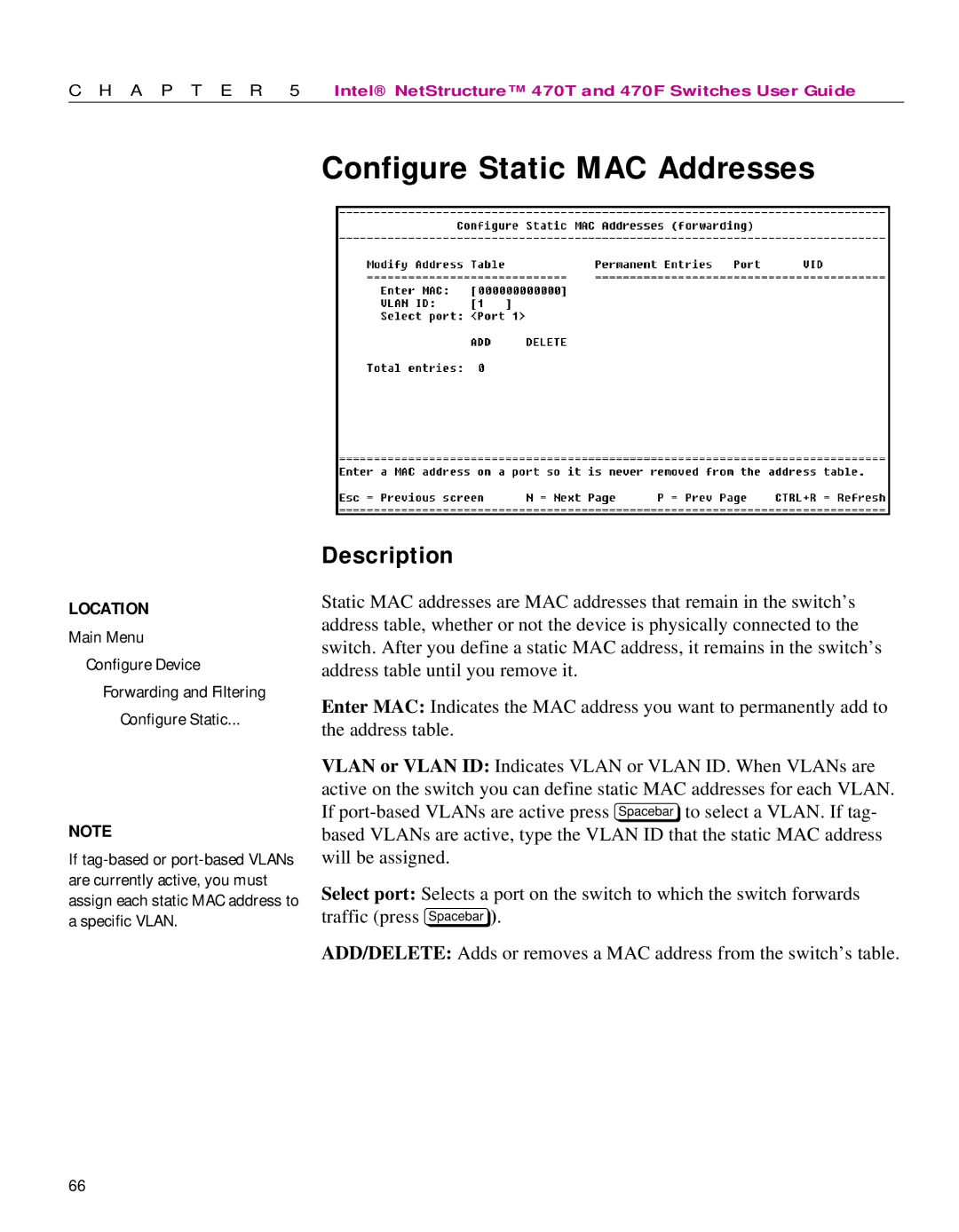 Intel 470 manual Configure Static MAC Addresses 