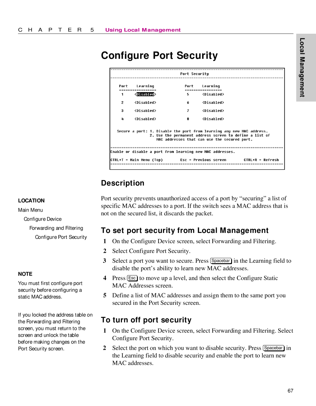 Intel 470 manual Configure Port Security, To set port security from Local Management, To turn off port security 