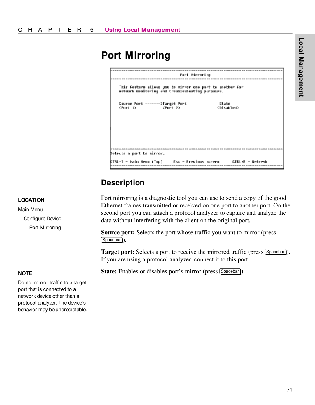 Intel 470 manual Main Menu Configure Device Port Mirroring 