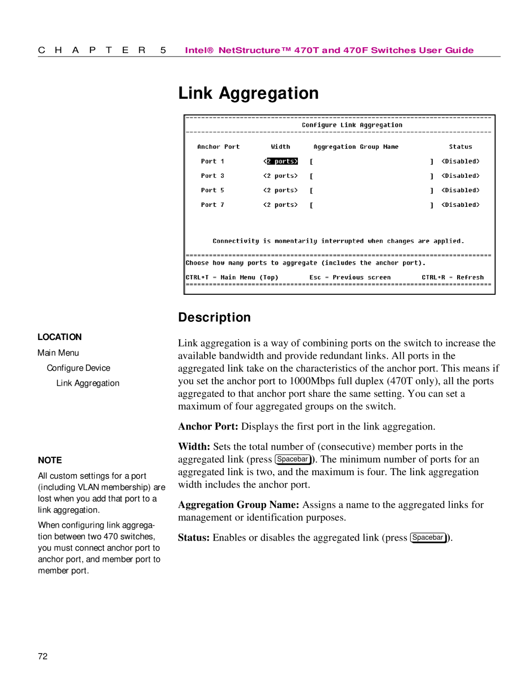 Intel 470 manual Main Menu Configure Device Link Aggregation 