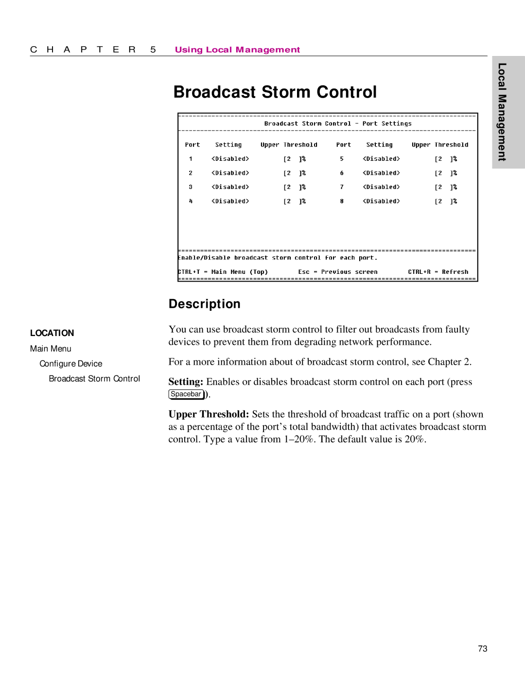 Intel 470 manual Main Menu Configure Device Broadcast Storm Control 