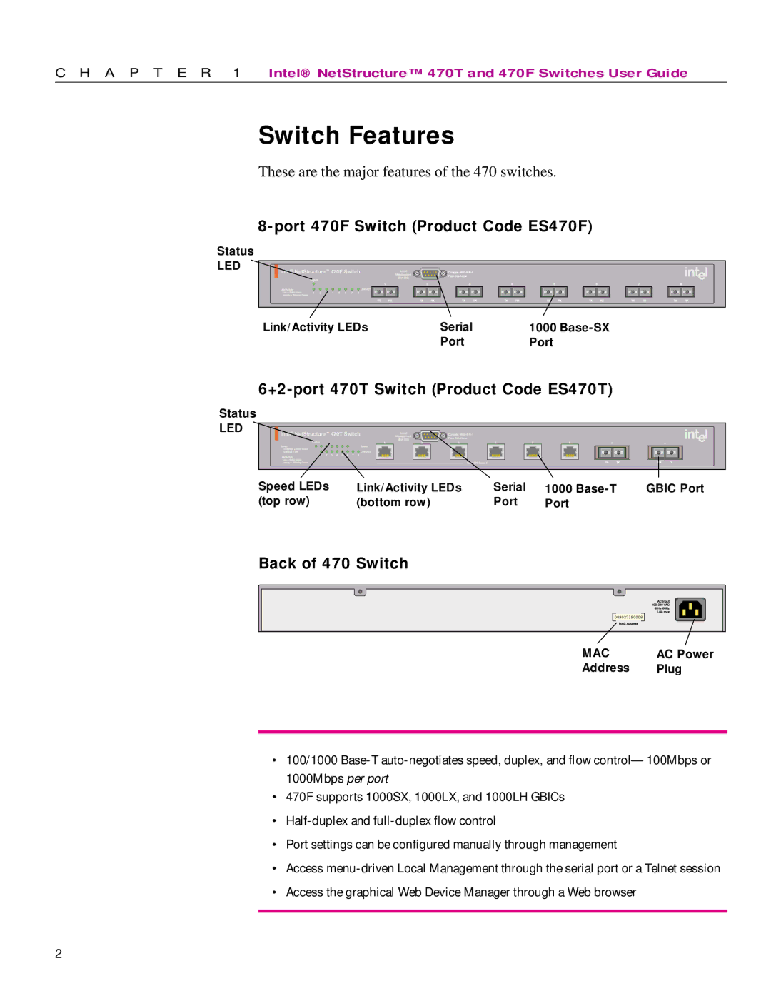 Intel manual Switch Features, Back of 470 Switch 