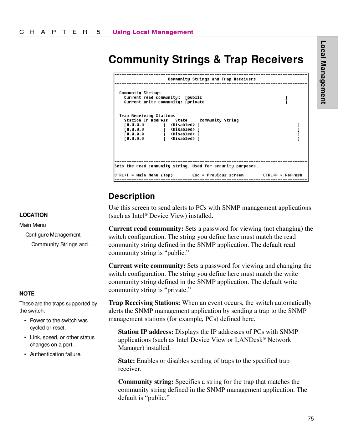 Intel 470 manual Community Strings & Trap Receivers 