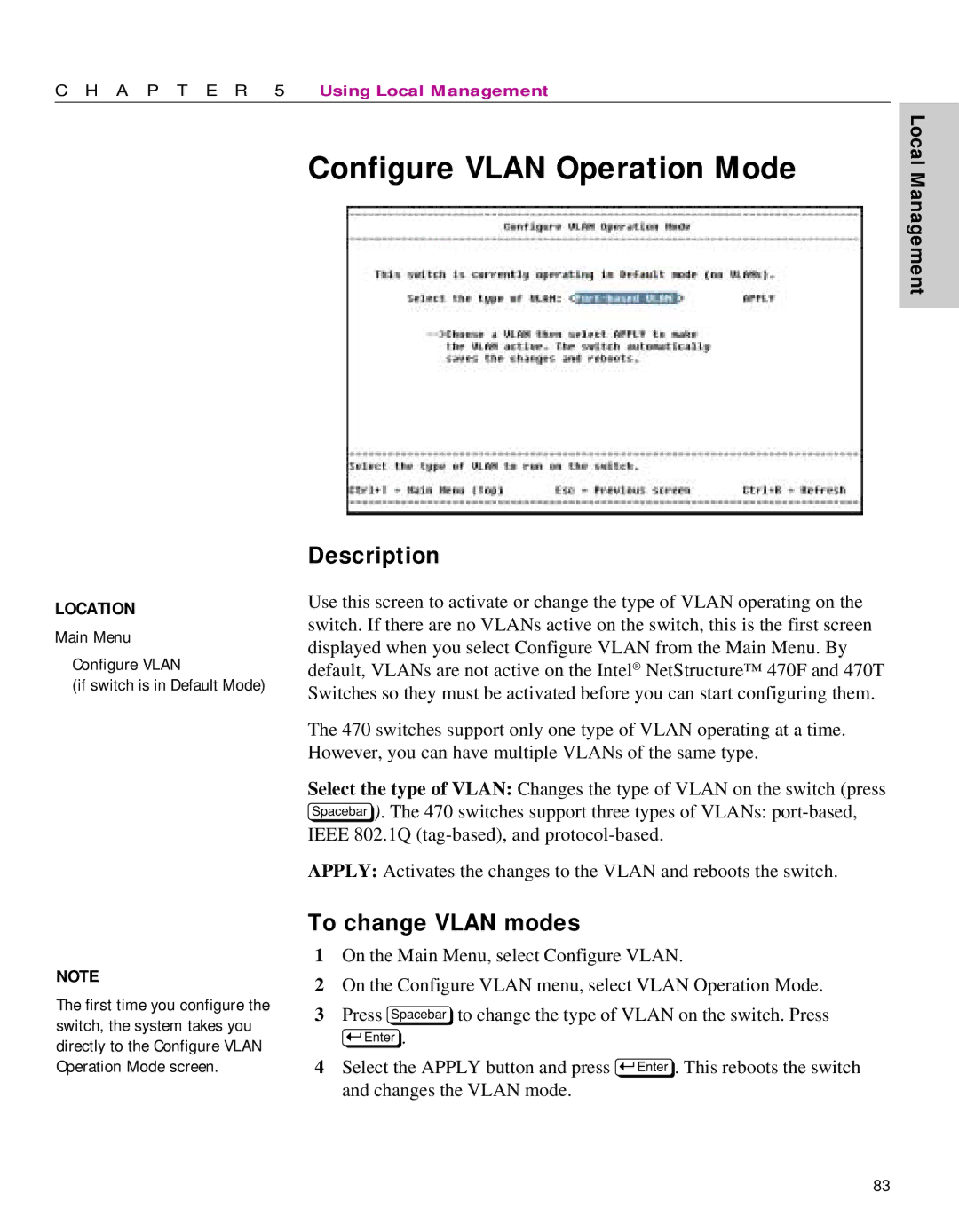 Intel 470 manual Configure Vlan Operation Mode, To change Vlan modes 