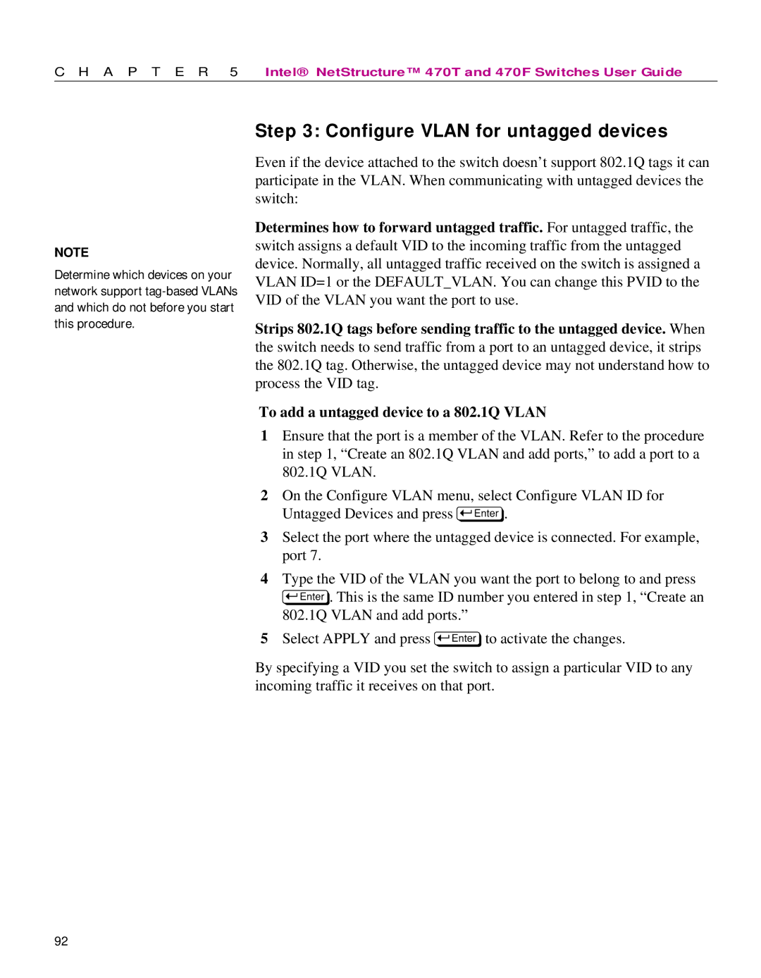 Intel 470 manual Configure Vlan for untagged devices 