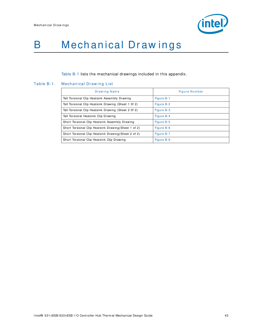 Intel 5000 manual Table B-1. Mechanical Drawing List, Drawing Name 