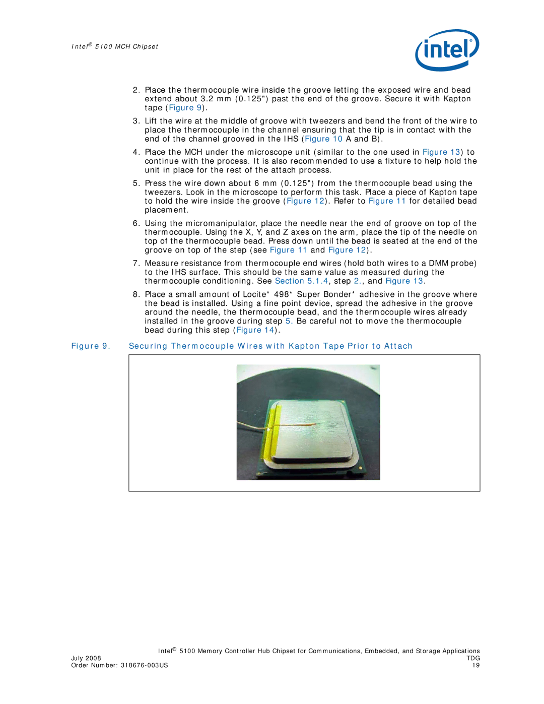 Intel 5100 manual Securing Thermocouple Wires with Kapton Tape Prior to Attach 