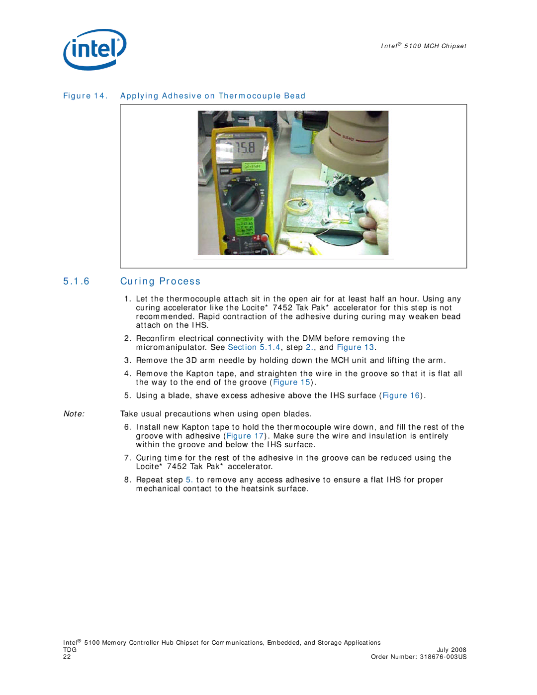 Intel 5100 manual Curing Process, Applying Adhesive on Thermocouple Bead 