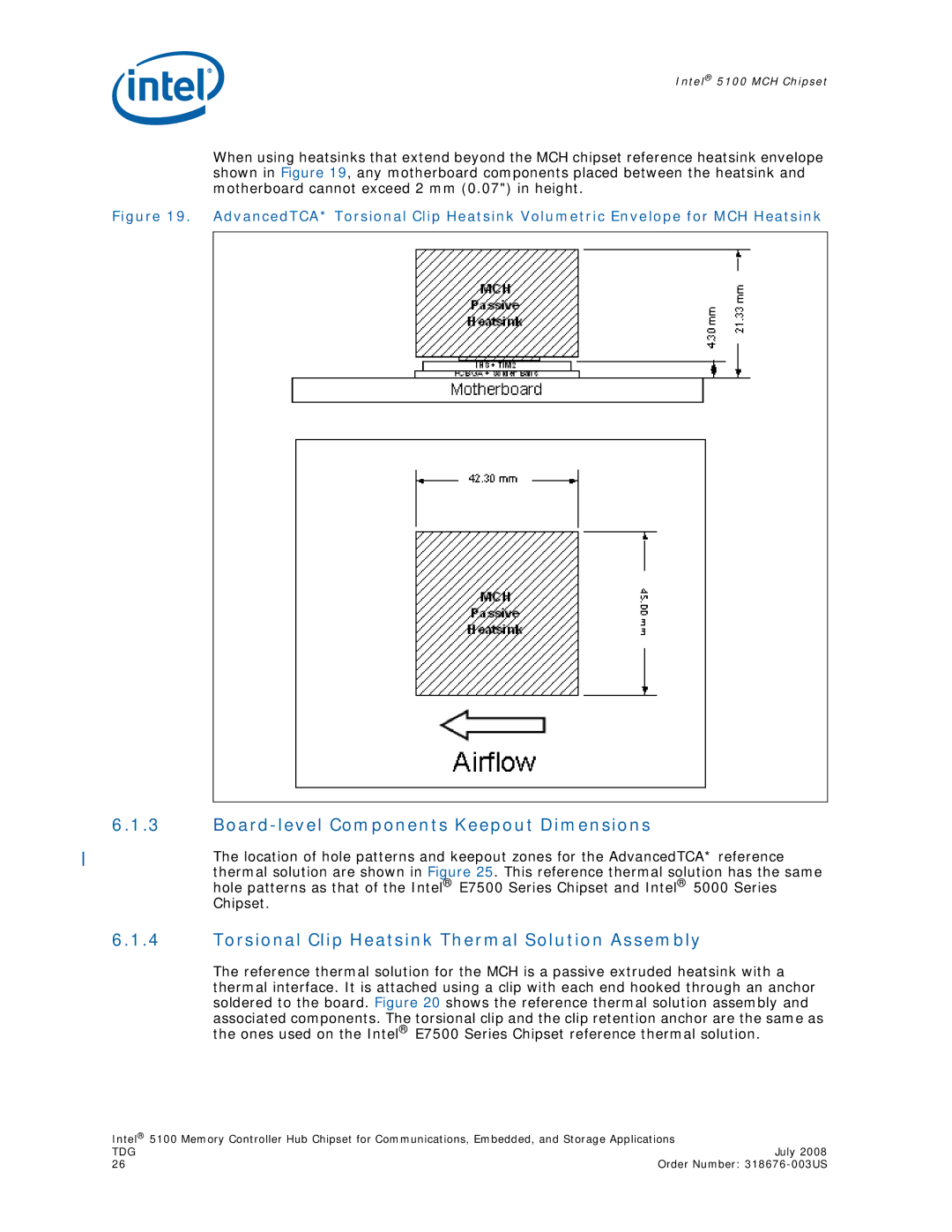 Intel 5100 manual Board-level Components Keepout Dimensions, Torsional Clip Heatsink Thermal Solution Assembly 