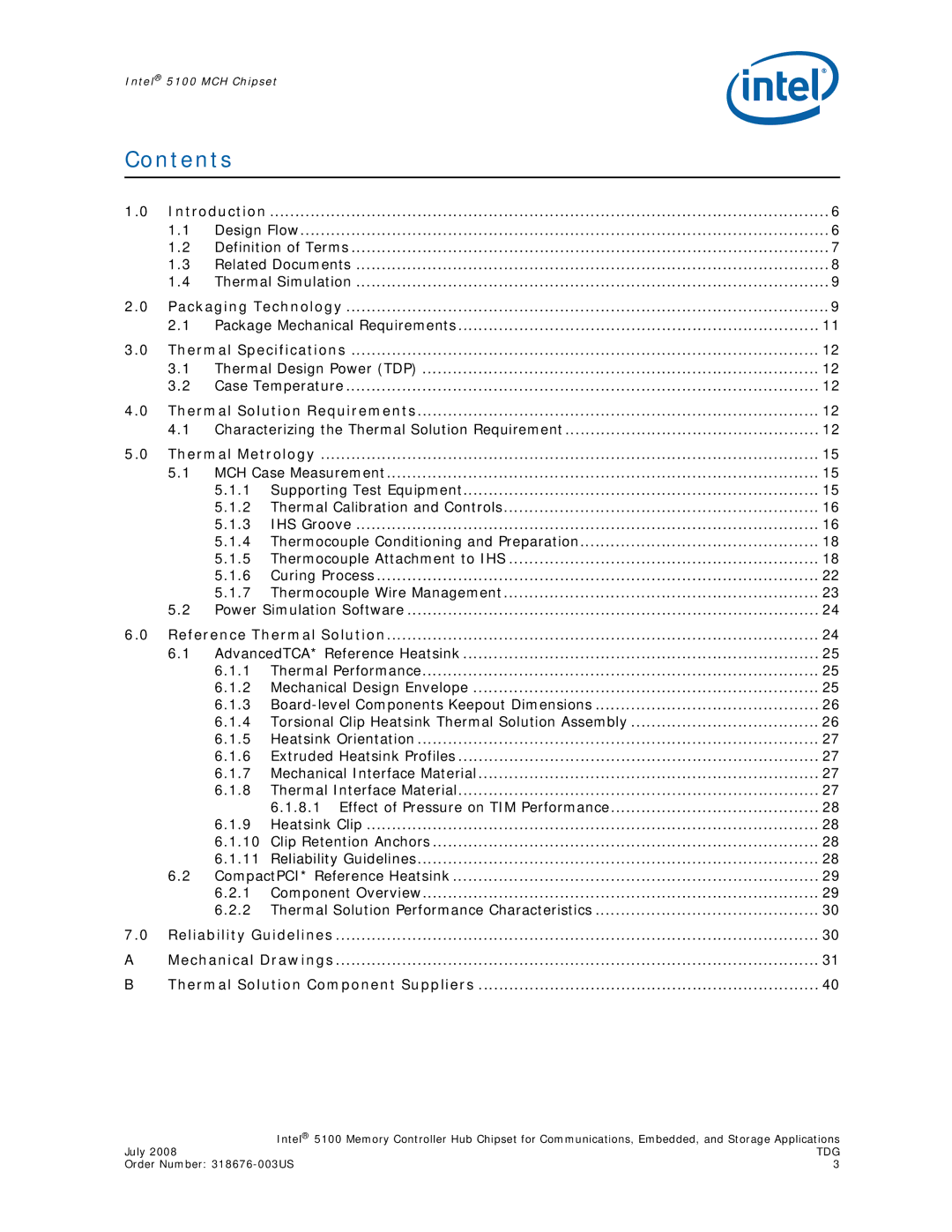 Intel 5100 manual Contents 