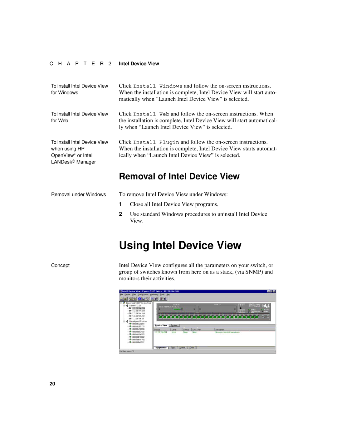 Intel 510T manual Using Intel Device View, Removal of Intel Device View, Monitors their activities 