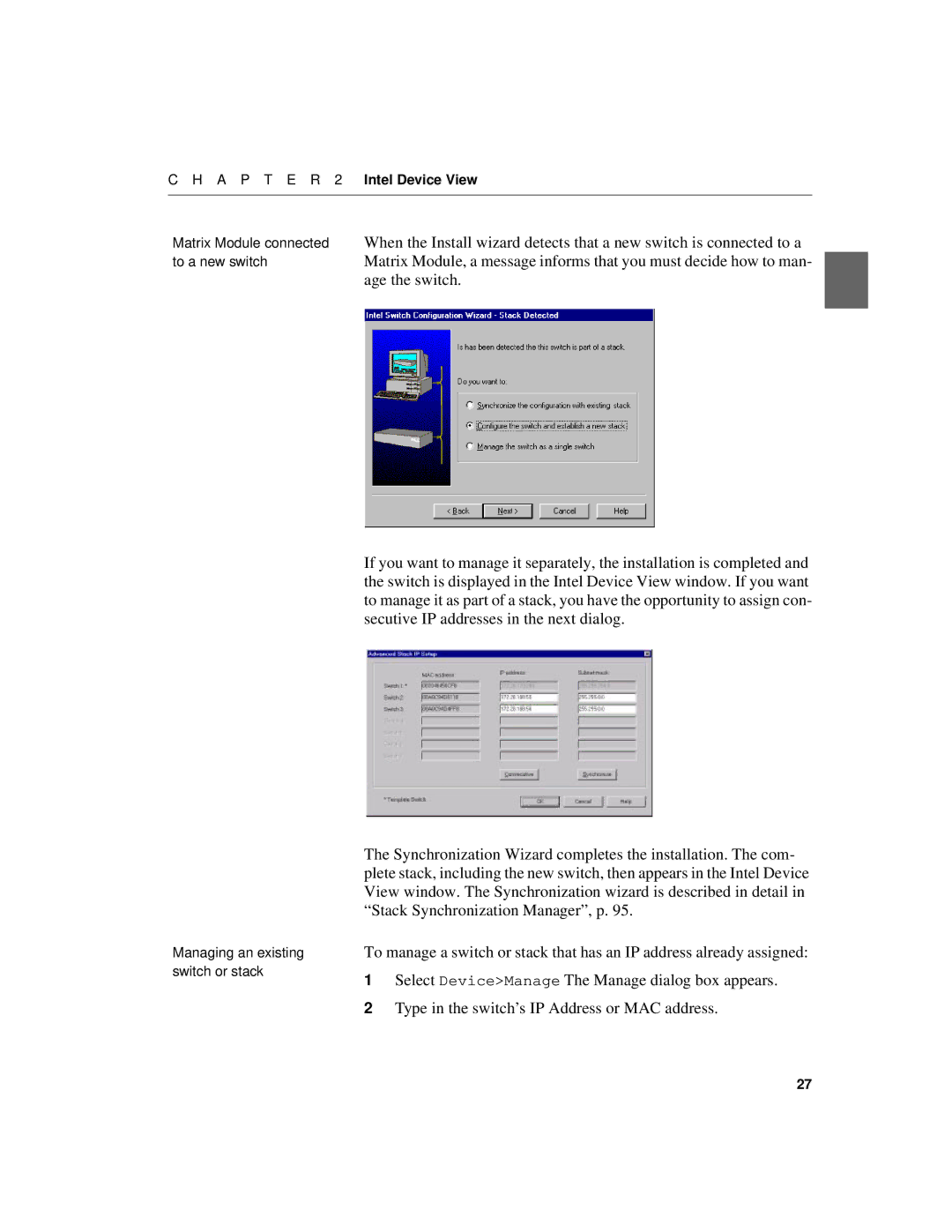 Intel 510T manual Select DeviceManage The Manage dialog box appears, Type in the switch’s IP Address or MAC address 