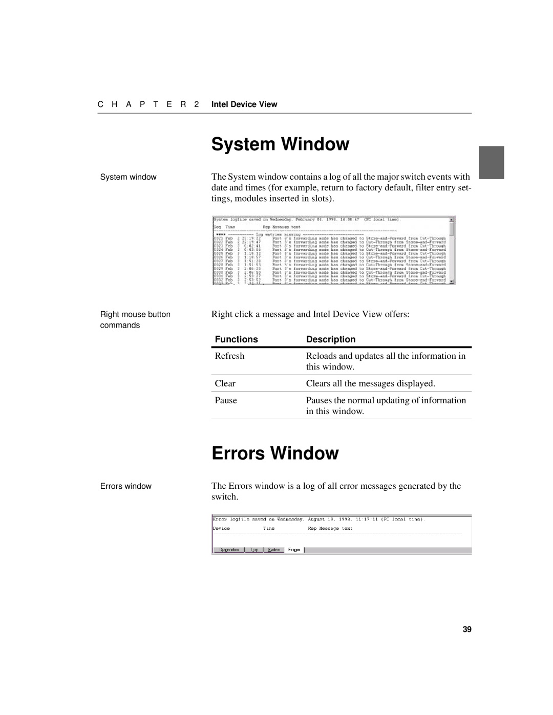 Intel 510T manual System Window, Errors Window, Tings, modules inserted in slots 