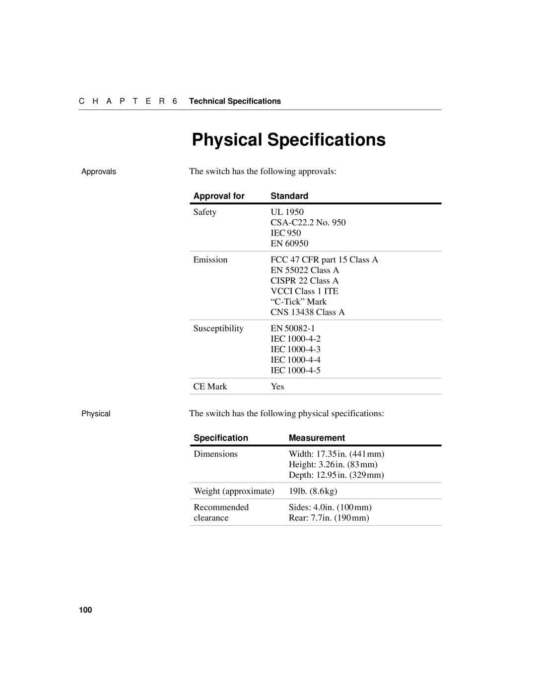 Intel 520T Physical Specifications, Switch has the following approvals, Switch has the following physical specifications 