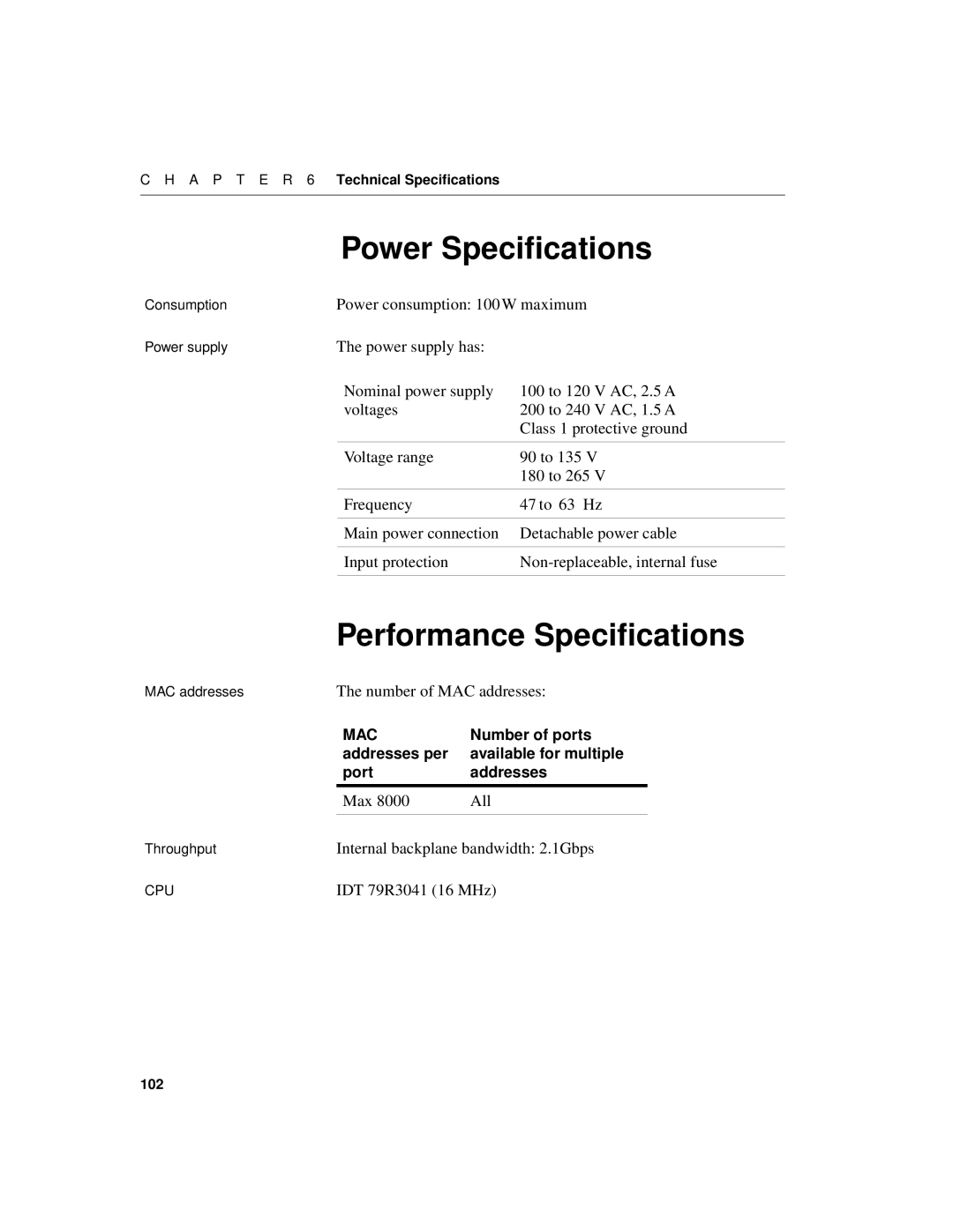 Intel 520T manual Power Specifications, Performance Specifications, Power consumption 100W maximum 